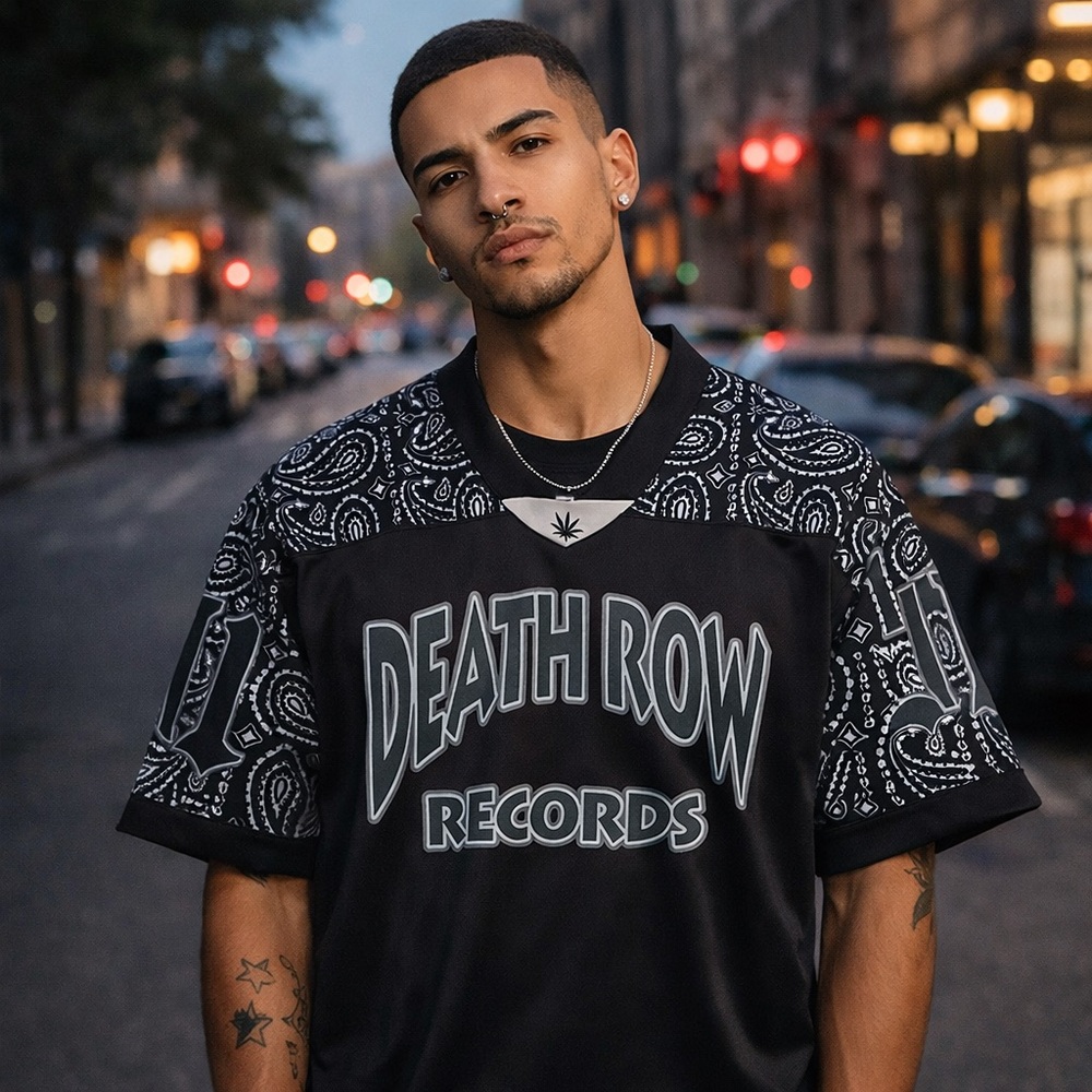 Death Row Records Shirt Mens L Los Angeles #91 Football Jersey Black Paisley
